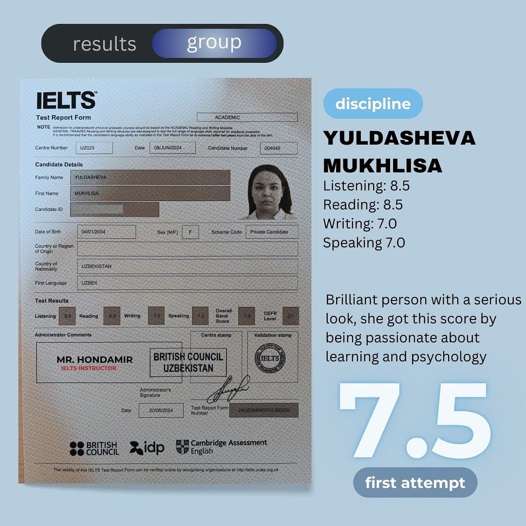 IELTS 7.5 (C1): Mukhlisa Yuldasheva