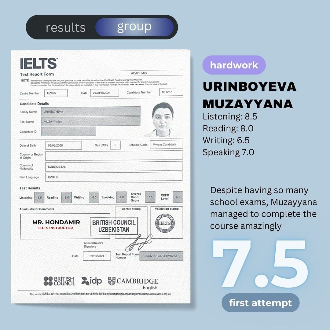 IELTS 7.5 (C1): Muzayyana Urinboyeva